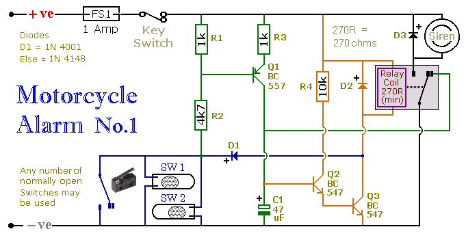 A Transistor Based Motorcycle Alarm circuit diagram and instructions