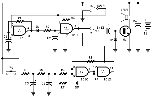 One-IC two-tones Siren-Circuit diagram