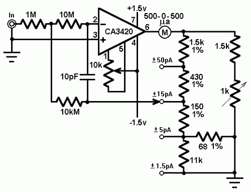 Picoammeter circuit with 4 ranges-Circuit diagram